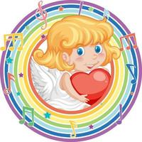 Cupido niña en arco iris marco redondo con símbolo de melodía vector