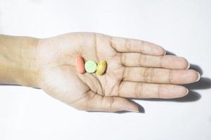 Top view of Hands holding pills and medicine White background photo