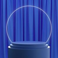 Ilustración 3d de podio de producto azul con fondo de cortina