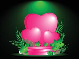 Pink love heart podium with green leaf vector