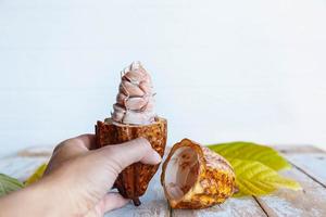 mazorca de cacao fresca en la mano foto