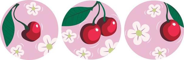 Cherries with leaves and flowers for social media covers. Round icon vector