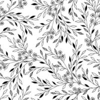 Sketch black leaves and little flowers. Seamless flowers pattern. vector