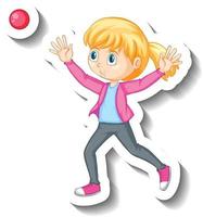 una niña lanzando una pelota pegatina de personaje de dibujos animados vector