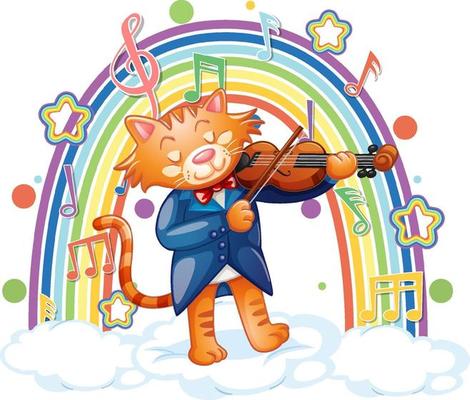 Cat playing violin with melody symbols on rainbow