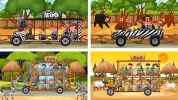 Set of different safari scenes with animals and kids cartoon character vector