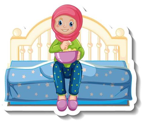 A sticker template with muslim girl sitting on the bed