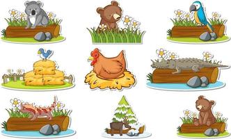 Sticker set with different wild animals and nature elements vector