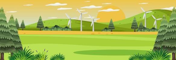 Panorama landscape scene with many wind turbines vector