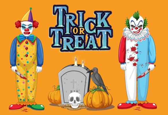 Trick or Treat text logo with creepy clowns