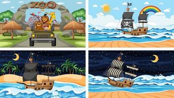 Diferentes escenas con animales en el zoológico y barco pirata en el mar. vector