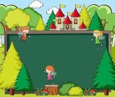 Empty chalkboard in the forest scene with fairy tale cartoon character vector