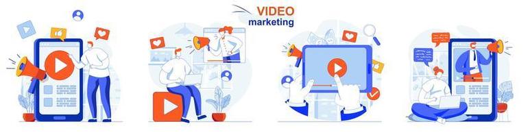 El concepto de video marketing establece escenas aisladas de personas en diseño plano vector