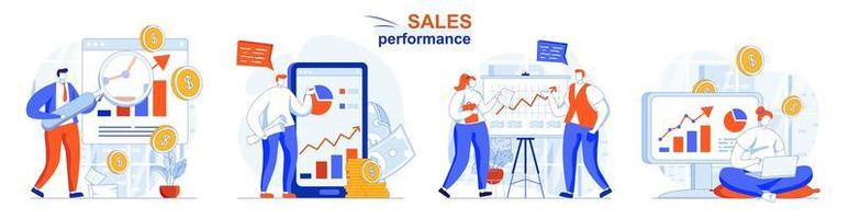 Sales performance concept set people isolated scenes in flat design vector