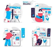 Design studio concept set people isolated scenes in flat design vector