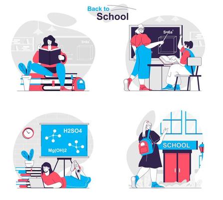 Back to school concept set people isolated scenes in flat design
