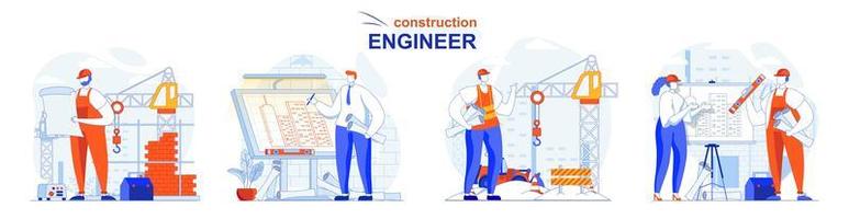 Construction engineer concept set people isolated scenes vector