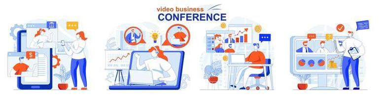 Video business conference concept set people isolated scenes vector