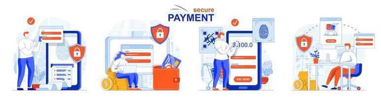 Secure payment concept set people isolated scenes in flat design vector