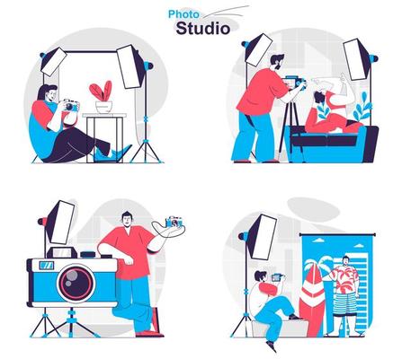 Photo studio concept set people isolated scenes in flat design