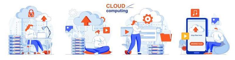 Cloud computing concept set people isolated scenes in flat design vector