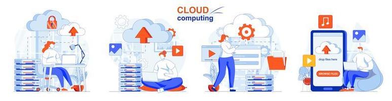 Cloud computing concept set people isolated scenes in flat design vector