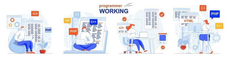 Programmer working concept set people isolated scenes in flat design vector