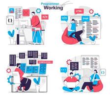 Programmer working concept set people isolated scenes in flat design vector