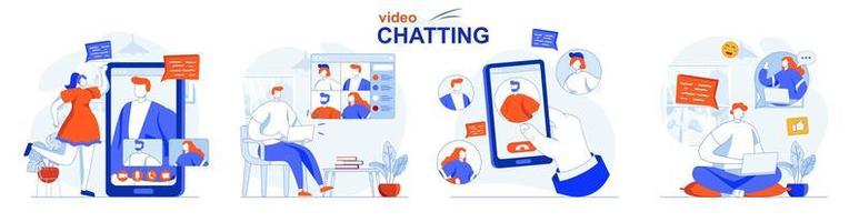 Video chatting concept set people isolated scenes in flat design