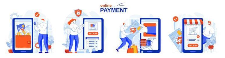 Online payment concept set people isolated scenes in flat design vector
