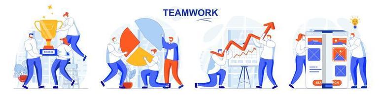 Teamwork concept set people isolated scenes in flat design vector