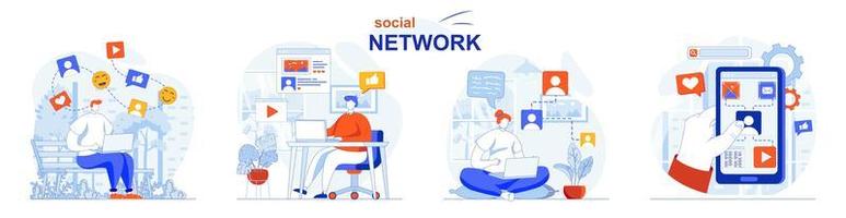 Social network concept set people isolated scenes in flat design vector
