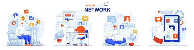 Social network concept set people isolated scenes in flat design