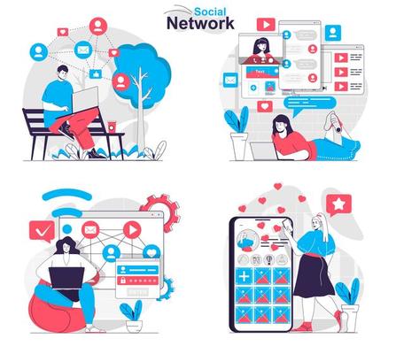 Social network concept set people isolated scenes in flat design