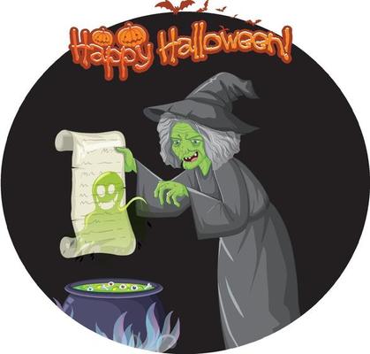 Happy Halloween badge with witch