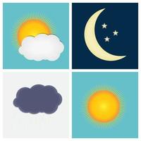 Iconos del tiempo con ilustración de vector de sol, nubes, lluvia y luna