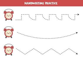 Tracing lines with cute red alarm clock. Writing practice. vector