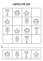 Sudoku game for kids with cute black and white summer elements. vector