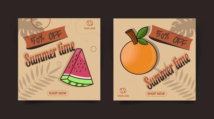 Set of social media banners for summer sale with watermelon and orange