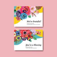 Thank you card template with brush florals concept design watercolor vector