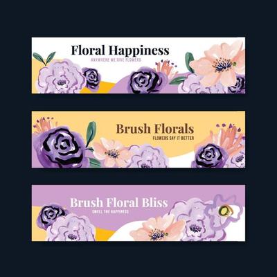Banner template with brush florals concept design watercolor vector