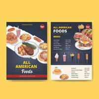 plantilla de munu con concepto de alimentos americanos, estilo acuarela vector