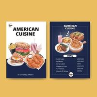 Munu template with American foods concept,watercolor style vector