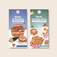 Flyer template with American foods concept,watercolor style vector