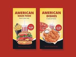 Template with American foods concept,watercolor style vector