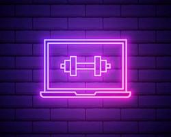Laptop and Dumbbell neon icon. Vector illustration for design.