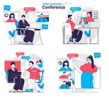 Video conference concept set people isolated scenes in flat design vector