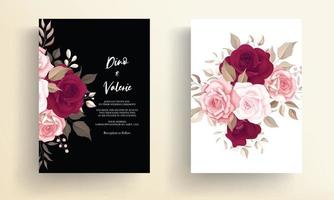 elegante tarjeta de invitación de boda con hermosas rosas granate vector