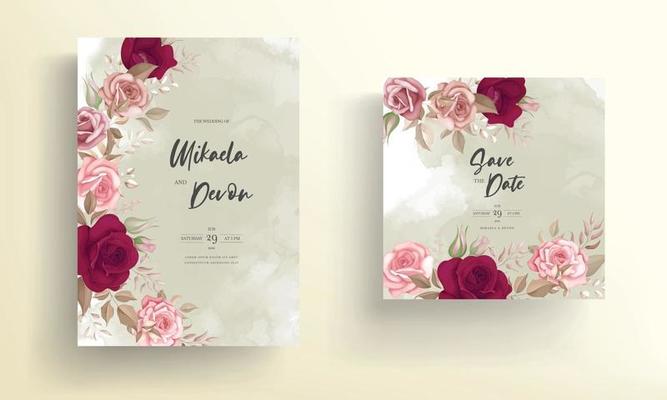 Elegant wedding invitation card with beautiful maroon roses