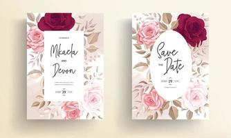 elegante tarjeta de invitación de boda con hermosas rosas granate vector